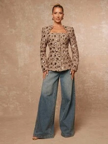 Lumalex Blazer femme à manches longues avec taille cintrée, col carré, imprimé léopard ou guépard. Top élégant pour femme, robe élégante et glamour pour les fêtes, les soirées, les mariages, les vacances, les festivals et les occasions spéciales en automne et en hiver. - Kaki - Voir 4
