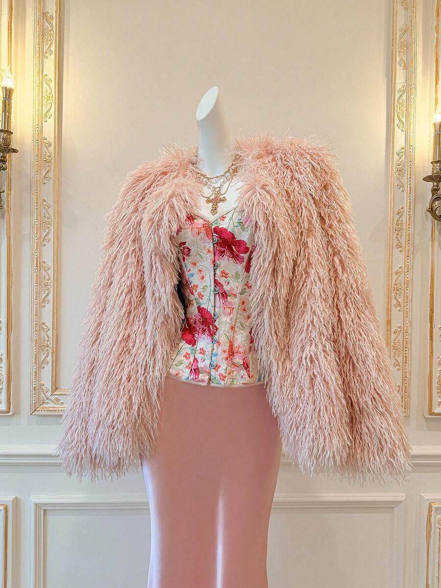 SHEIN MOD Casual Versatile Minimalist Solid Color Long Sleeve Faux Fur Women Jacket, Autumn/Winter,Homecoming Clothes, Cat Woman Costume, Cheerleader Costume, Mermaid Costume, Devil Costume, Fairy Costume, , Gothic, Fluffy Jacket