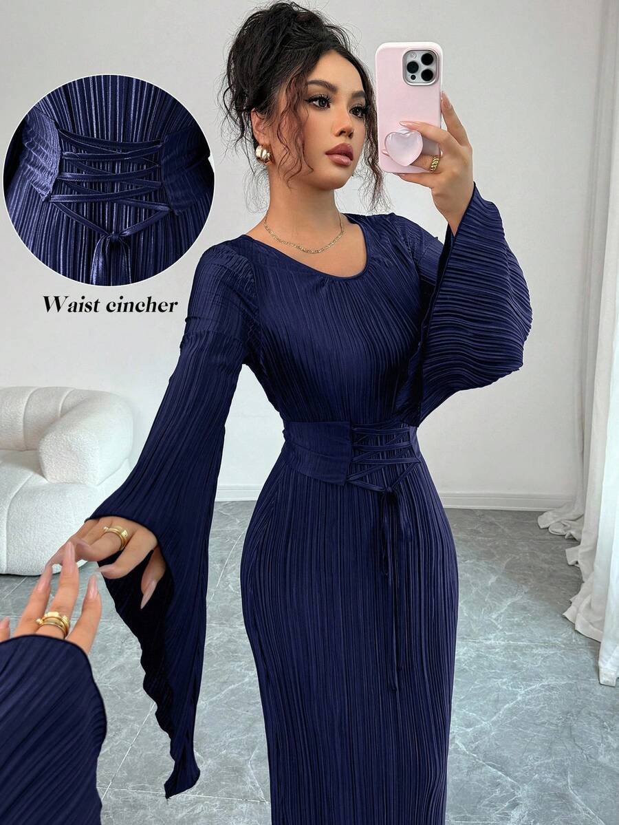 Elenzga 标准尺寸女式纯色圆领系带休闲喇叭袖长裙 - 藏蓝色 - 查看 1