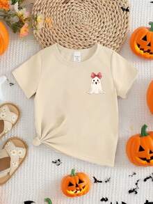 Trang phục Halloween cho bé gái thời trang thường ngày sáng tạo hình bí ngô, ma dễ thương, xin kẹo, sinh vật ma quái, mùa đáng sợ, áo phông tay ngắn cơ bản phong cách mùa thu - Màu be - Xem 2
