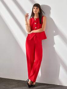 CLARA VERO Women's Red Gold Button Front Seam Detailed Wide Leg Good Quality Elegant Three Pieces Suit Set - Red - View 4