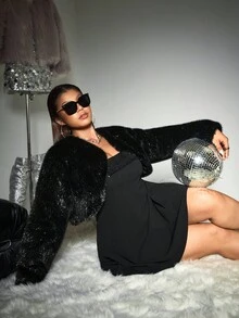 SHEIN EZwear 加大码纯色亮面仿皮草内衬加厚冬季长袖夹克 - 黑色 - 查看 5