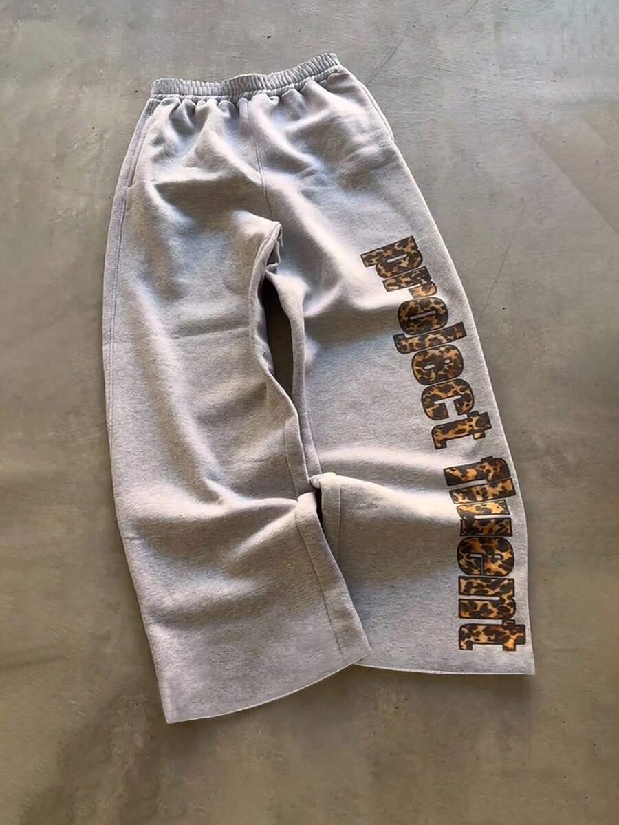 SHEIN Quần nữ họa tiết da báo và chữ, phong cách đường phố - Xám - Xem 1