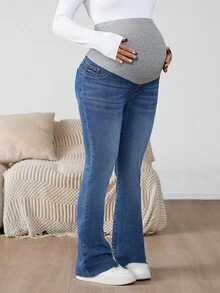 SHEIN 孕妇装 秋季 秋冬 万圣节 圣诞节 国庆节 2000年代 街头风 生日 夜店 外出 俱乐部 裤装 机场 商务休闲 女装 乡村 复古 朴素 老钱 商务休闲 女装 工作 女教师 教堂 女装 保暖内衬牛仔裤 休闲水洗喇叭蓝色牛仔裤 时尚孕妇喇叭牛仔裤 女款罗纹高腰拼接弹力牛仔喇叭裤 适合准妈妈 - 藍色 - 查看 4