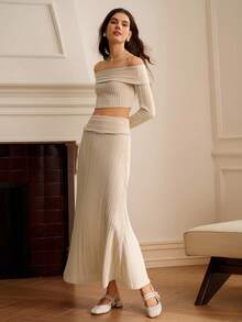 Omancia 音乐节BOHO优雅度假端庄两件套服装，圣帕特里克节春假长裙，性感优雅时尚通勤高端端庄优雅长袖双扭纹罗纹针织连衣裙 - 米色 - 查看 7