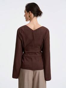 Aalyst Women's Elegant Linen V-Neck Blouse With Ruched Details, Relaxed Fit, Suitable For Casual, Work, And Vacation, Spring/Autumn - Brown - View 2