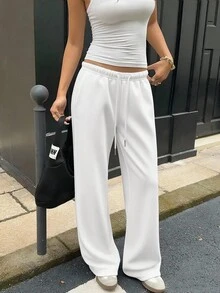SHEIN EZwear White Women's Casual Loose Front Tie Sweatpants, Suitable For Everyday Wear And Back To School Season, Autumn/Winter,Fall - White - View 3