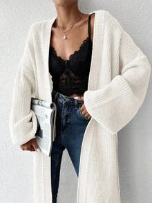 EURMUSE Ladies' Solid Color Drop-shoulder Cardigan Sweater - White - View 3