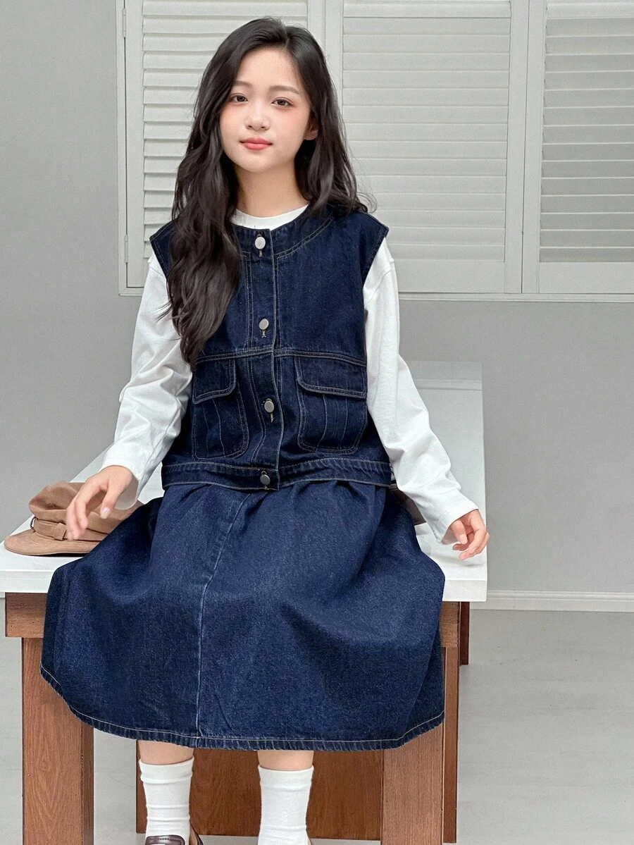 Dazy Kids 2 件套青少年女孩牛仔无袖夹克 + 牛仔裙套装，秋季 - 藍色 - 查看 1