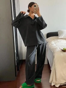 Livesso 极简条纹半扣荷叶边家居服套装，舒适保暖，秋冬睡衣 - 黑色 - 查看 4