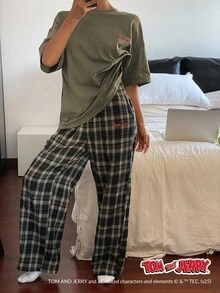 TOM AND JERRY X DAZY Casual Letter Decor Graphic Print Top And Plaid Loose Fit Sleepwear Pants Set Pajama - Green - View 7