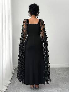 Elenzga 大码女式优雅派对串珠披肩领长袖针织连衣裙 - 黑色 - 查看 2