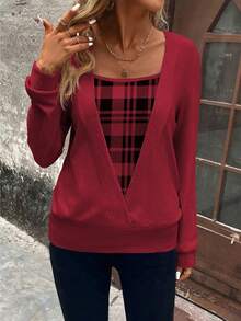 LanaWest Áo nỉ nữ kiểu dáng thường ngày kẻ caro phối nhiều mảnh, thích hợp mặc mùa thu. - Màu Đỏ Sâu - Xem 5