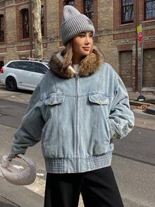 Livesso Damski, swobodny, zapinany na zamek, pikowany płaszcz z kieszeniami, styl uliczny, kurtka jesienno-zimowa - Niebieski - Zobacz 4