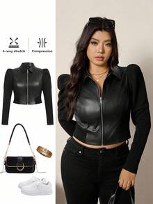 Zelara Plus Size Women's Fashion Commuter Princess Sleeve PU Jacket Fall Women Clothes Korean Style Punk Gothic Clothes Business Casual Women Going Out Halloween Halloween, Goth Party Chic Winter Autumn