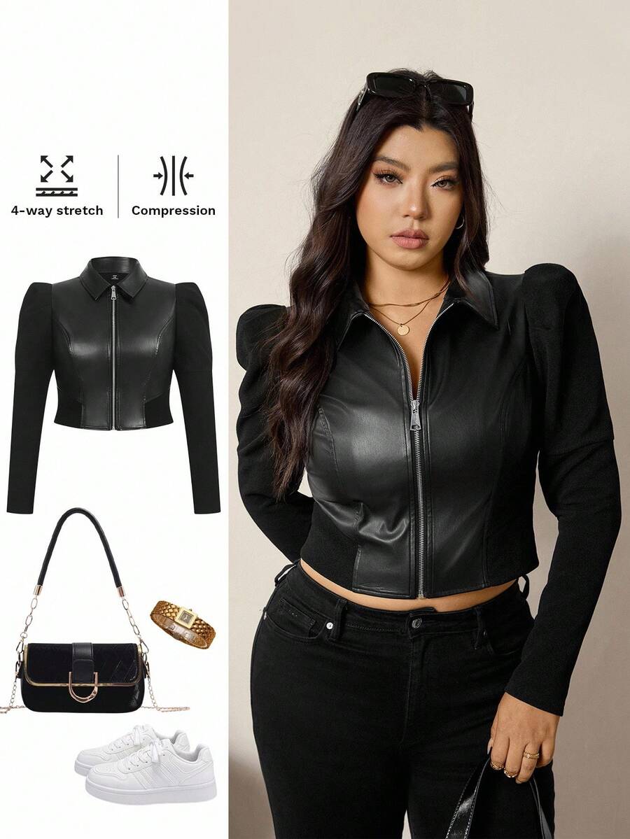 Zelara Plus Size Women's Fashion Commuter Princess Sleeve PU Jacket Fall Women Clothes Korean Style Punk Gothic Clothes Business Casual Women Going Out Halloween Halloween, Goth Party Chic Winter Autumn