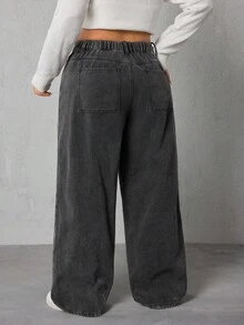 SHEIN ICON 大码女式高腰口袋阔腿宽松休闲牛仔裤 - 灰色 - 查看 2