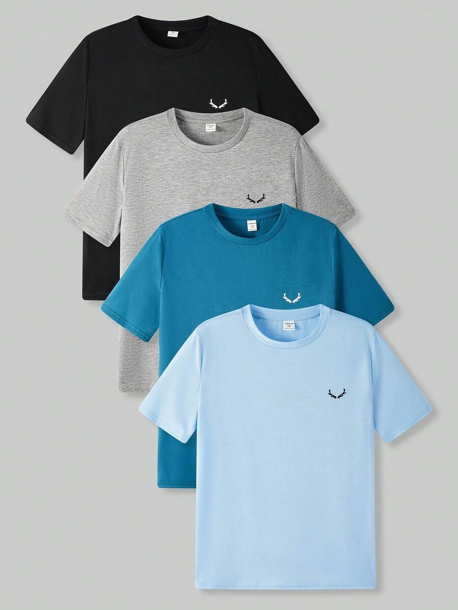 4pcs/Set Teen Boy Casual Solid Color Crew Neck Loose Knit Short Sleeve T-Shirts - Blue - View 1