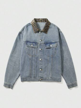 Street Life Chaqueta de mezclilla con estampado de leopardo y parches vintage para hombre, otoño