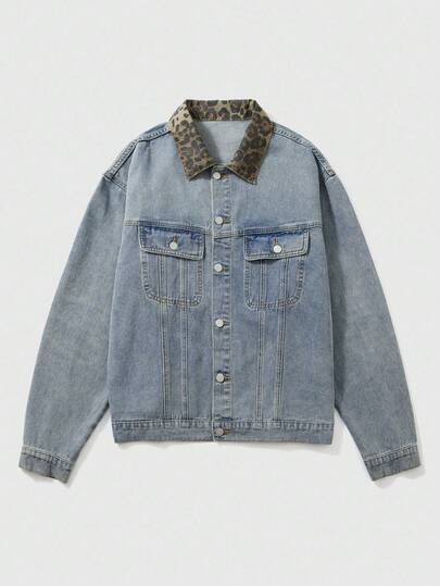 Street Life Giacca di jeans vintage da uomo con stampa leopardata e patchwork, autunnale