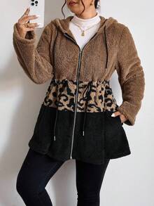 SHEIN Essnce Plus Size Casual Color Block Leopard Print Drawstring Hooded Jacket, Autumn/Winter Brown Jacket Women Brown Hoodie