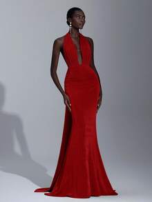 Elitara Elegant, Romantic, Sexy, Minimalist, Green, Knitted Fabric, Halter Neck, Cinched Waist, Mermaid Hem, Fashionable, Influencer Style, Holiday, Vacation, Birthday Party, Wedding Event, Bridesmaid Dress - Burgundy - View 7