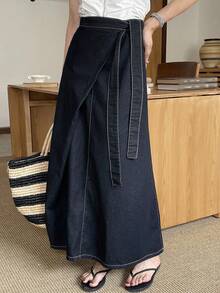 DAZY 女士系带腰身休闲长款牛仔裙 - 深色水洗藍 - 查看 5