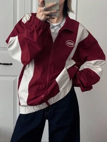 FRIFUL Chaqueta holgada de mujer con bloques de color, ropa de mujer para otoño - Rojo - Ver 1