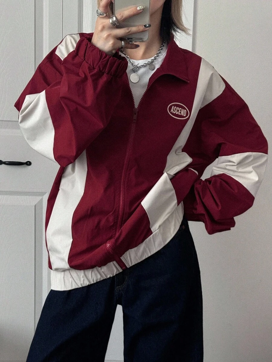 FRIFUL Chaqueta holgada de mujer con bloques de color, ropa de mujer para otoño - Rojo - Ver 1