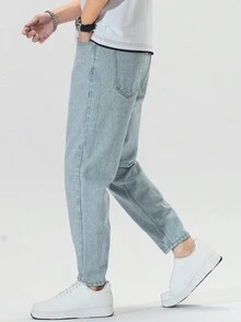 Manfinity EZcore 男士斜口袋牛仔裤，纯色长款水洗直筒浅蓝色工装牛仔裤浅色牛仔裤，适合送给老公、男朋友的礼物