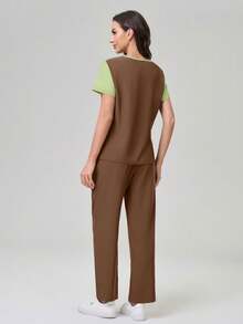 TaskEZ 渐变色短袖上衣和纯色裤子手术服套装 - 咖啡棕 - 查看 6