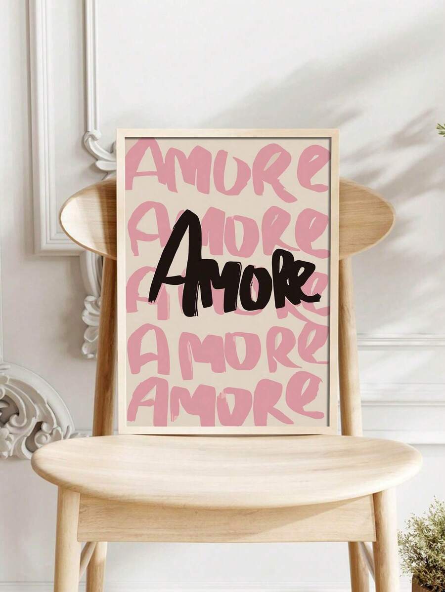 1 件无框粉色“Amore”印刷帆布画 - 现代爱情墙面艺术,卧室、客厅或家庭办公室的美学装饰,手绘风格,室内/室外使用,艺术墙面装饰 - 彩色 - 查看 1
