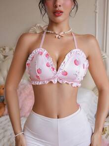 PetitDoll Lencería de mujer con estampado de melocotón, con tirantes de espagueti y volantes en el cuello halter - Rosa - Ver 4