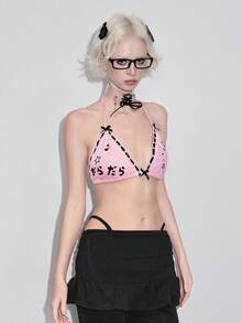 ROMWE Avant Y2K Aesthetic Lace Patchwork Bowknot Crop Top With Japanese Text Print And Rhinestones