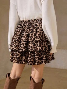 Wildy Fall Chic Skirt Women's Casual Brown Ruffle Hem Mini White Skirt Animal Print Skirt Leopard Print Skirt Cute Skirts For Women Tiered Skirt Cheetah Print
Skirt - Black - View 2