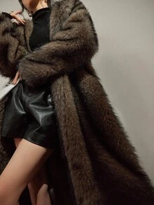 DAZY Women's Hooded Long Faux Fur Coat, Autumn/Winter - Brown - View 3