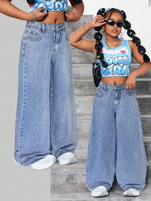 SHEIN Tween Girl Fashion Casual Based Blue Denim Baggy Jeans For Girls Costume Dailywear And The Four Seasonsr Tween Girl Clothes Fall Winter