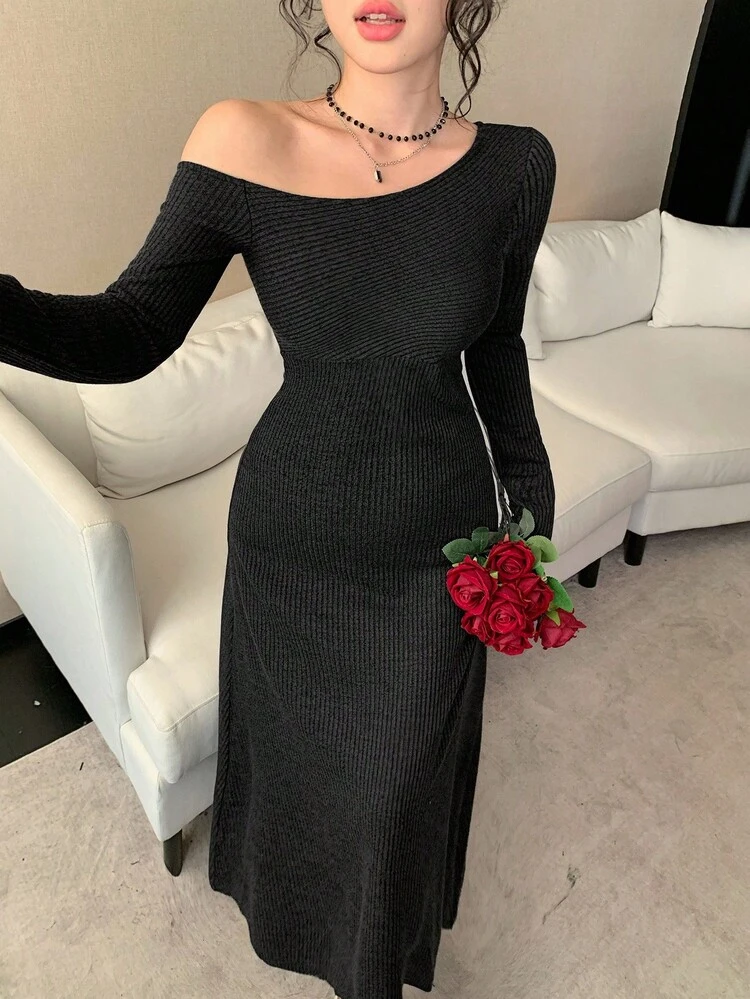 Women's Elegant Oblique Shoulder Dress, Autumn/Winter New Arrival Maxi Dress