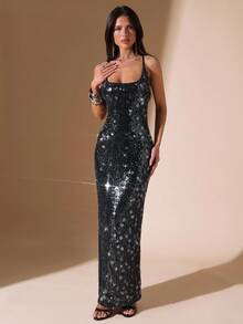 SHEIN BAE 夏季性感华丽薄荷绿亮片波西米亚风海滩度假演唱会服装女式露背夏季连衣裙，女士夏季服装，女士性感俱乐部服装，闪亮度假连衣裙，派对连衣裙 - 黑色 - 查看 2