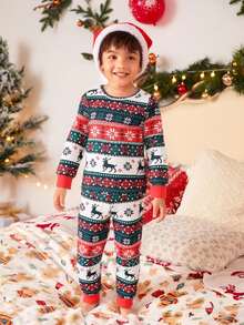 SHEIN Young Boy Minimalist Christmas Festive Pattern Long Sleeve Snug Fit Top And Pants Pajama Setsnug Fit" Kids Christmas Pajama Family Christmas Pajamas Fall Winter - Multicolor - View 4