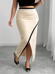 Elenzga Plus Size Knitted Patchwork Contrast Color Hem Slit Skirt For Women - Apricot - View 4