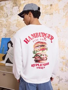 SWAVVY 男士图案运动衫汉堡印花圆领宽松长袖运动衫，秋季，冬季 - 白色 - 查看 1