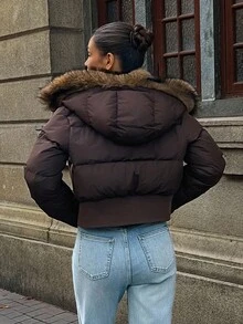 Women's Fluffy Trim Hooded Padded Coat, Winter Jacket - Coffee Brown - View 2