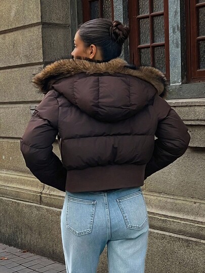 DAZY Women's Fluffy Trim Hooded Padded Coat, Winter Jacket