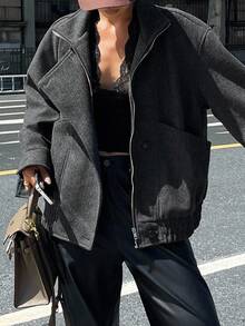 DAZY 女士立领双排扣拉链宽松休闲夹克冬季女式外套 - 深灰色 - 查看 7