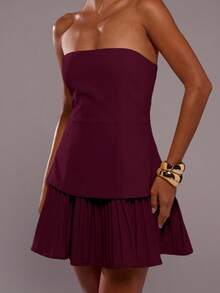 SHEIN BAE 女士优雅纯色褶边迷你吊带连衣裙，夏季 - 酒紅色 - 查看 5