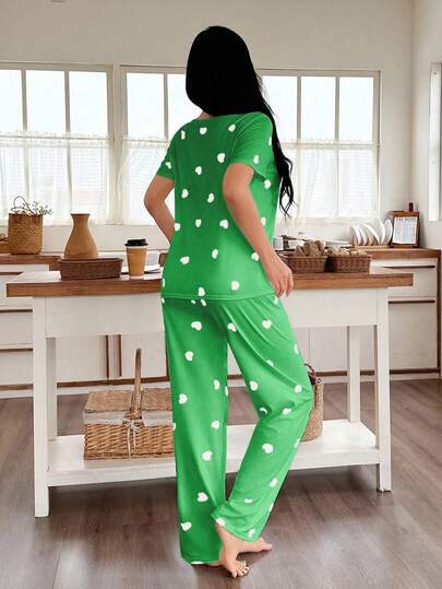 Heart Print Short Sleeve Top Pants Pajama Set view 2
