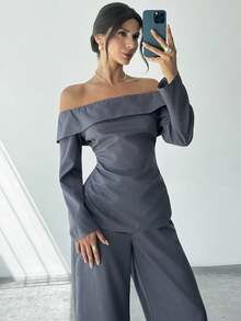 Firerie Novo conjunto feminino de blusa de manga comprida com ombros de fora e calças largas de chiffon floral azul-escuro, roupa sexy e elegante para o dia a dia/deslocamento, conjunto azul-escuro, primavera/verão, roupa de praia, deslocamento, elegante, sexy, traje de trabalho - Azul - Ver 5