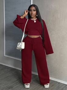 Slaydiva Bộ đồ 3 món cơ bản thường ngày màu trơn gồm áo crop top dài tay, áo hai dây và quần ống rộng cho nữ, quần áo ấm áp mùa thu đông cho nữ, bộ 2 món màu đỏ, bộ đồ hai mảnh thoải mái dài tay cho nữ, bộ đồ mặc nhà 2 mảnh thoải mái cho nữ. - Màu Đỏ Sâu - Xem 7