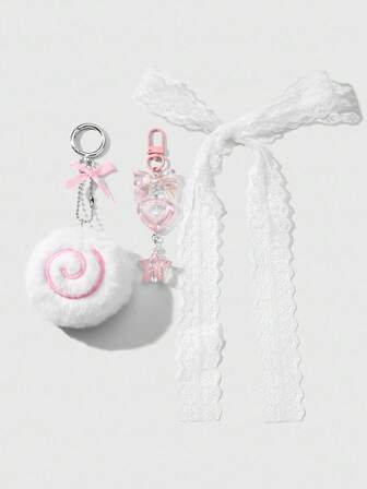 Kawaii Set combinado de 3 piezas: donut esponjoso rosa, remolino, mariposa de resina acrílica, corazón, estrella + diadema blanca de encaje de 80 cm, llavero y accesorio para bolso, adecuado para uso diario de mujeres/niñas, regalo para fiestas